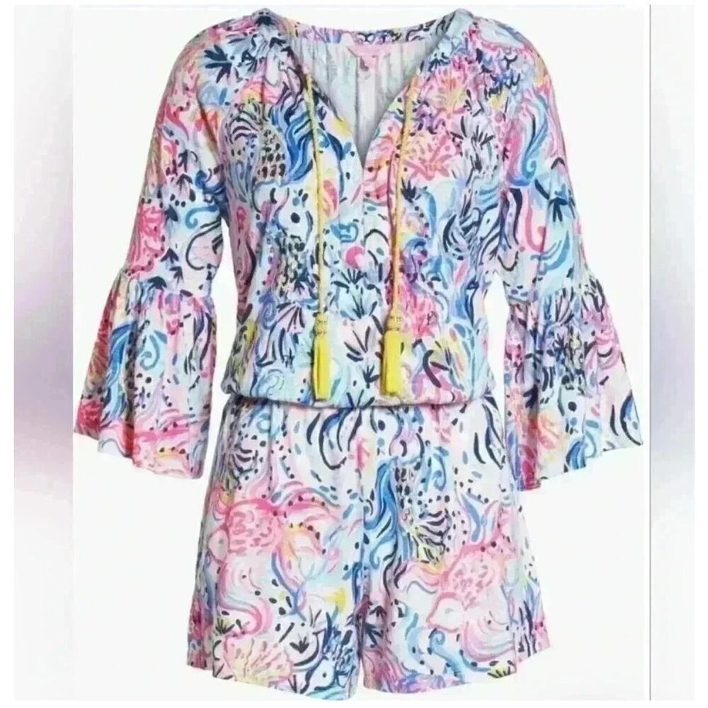 Lilly Pulitzer Del Lago Romper Colorful Flare Sleeve V-neck Tassel